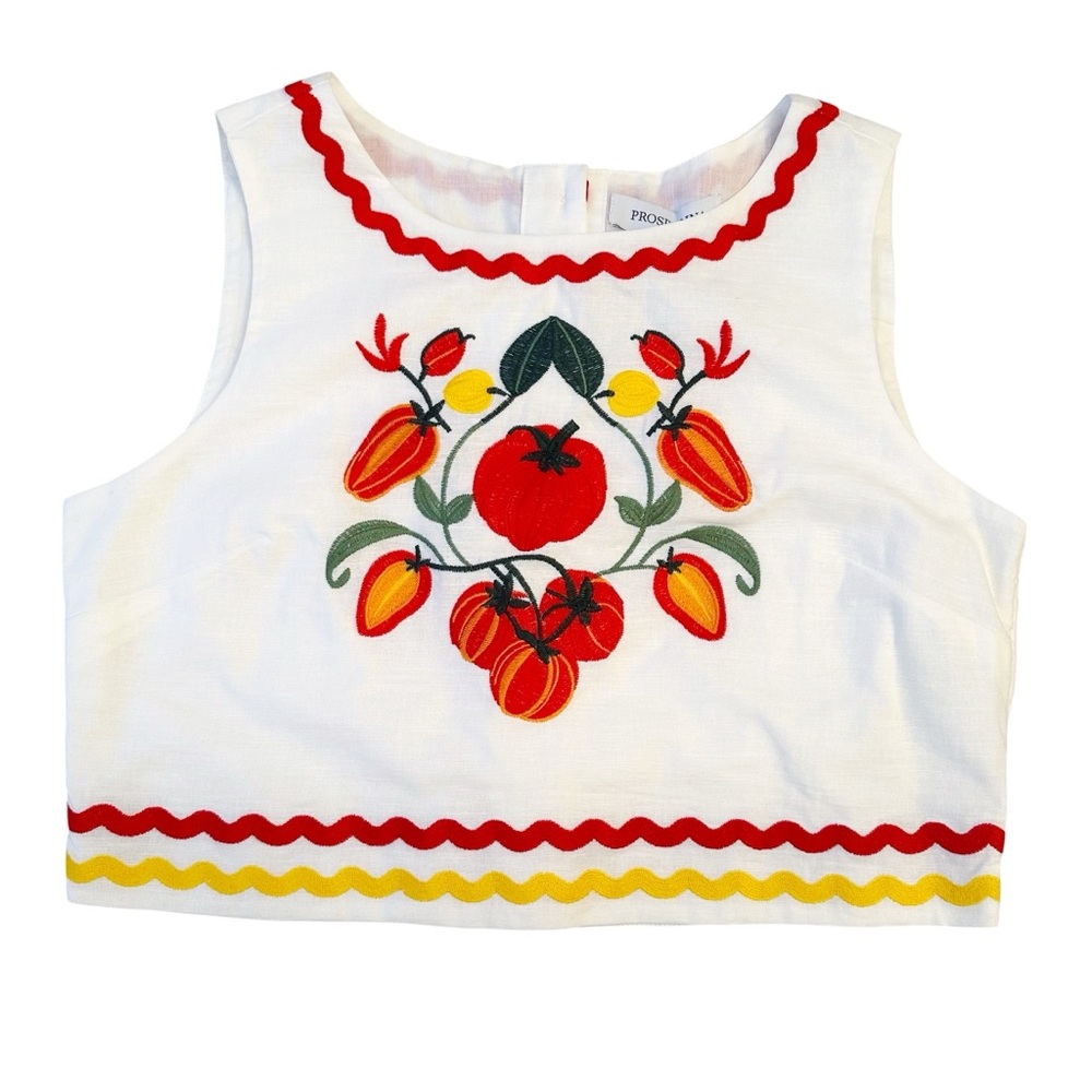 Prosperina Ellie Tomato Embroidered Ivory Cotton Top Medium NWT